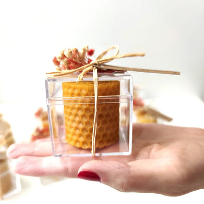 Μπομπονιέρα κερί φυσικό σε plexiglass κουτί με αποξηραμένο λουλούδι